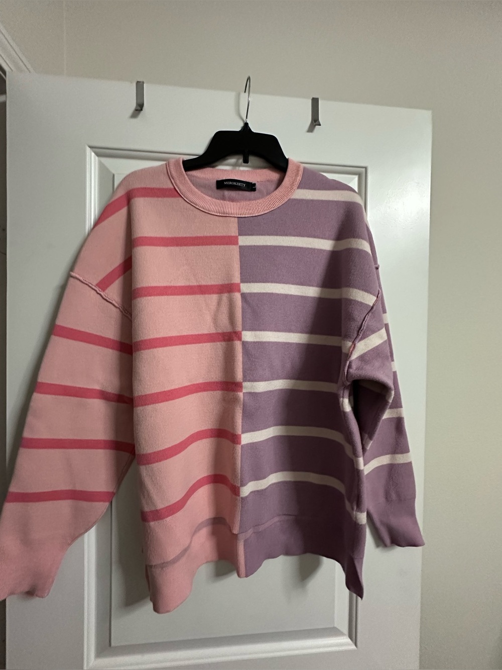 Two-Tone Pink & Lavender Striped Crewneck Sweater